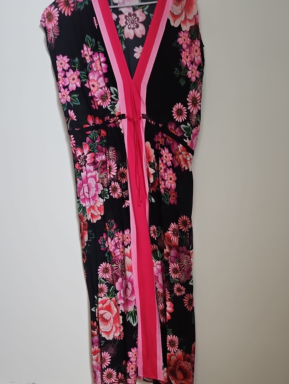 Black Floral V-Neck Maxi Dress with Pink Trim